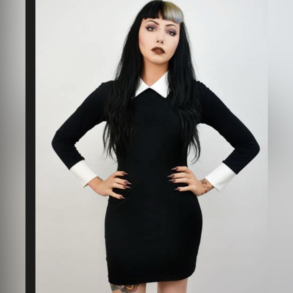 Black Long Sleeve Dress with White collar/cuffs Wednesday Adams look